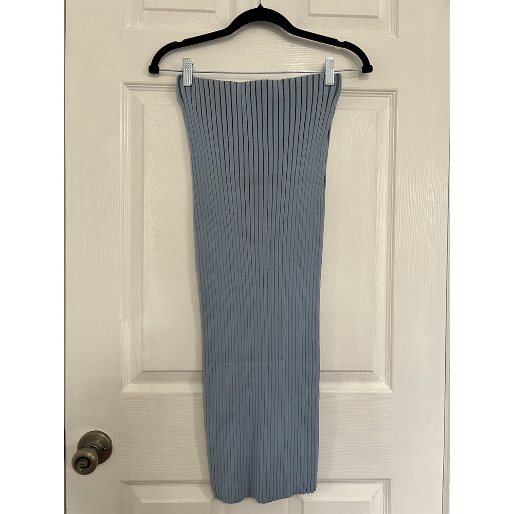 ZARA Ribbed Knit Tube Midi Dress Blue Strapless Bodycon Minimalist Fitted Chic S - Picture 3 of 8